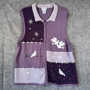 Vintage Birds Sweater Vest Womens 2XL Blair Purple Full Zip Doves Boho Snowflake